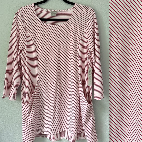 Chico’s Tunic‎ Top Women Size 2 (L/12) Maraschino Cherry Stripe Holiday Casual - Picture 1 of 13